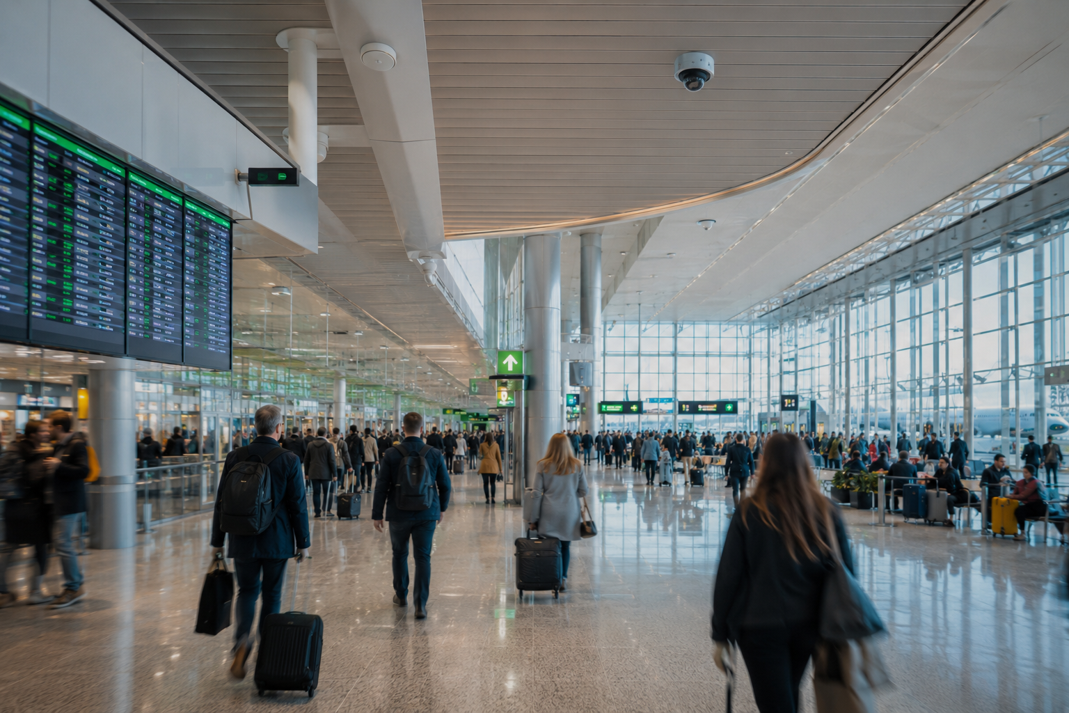 Modern airport terminal interior with travelers