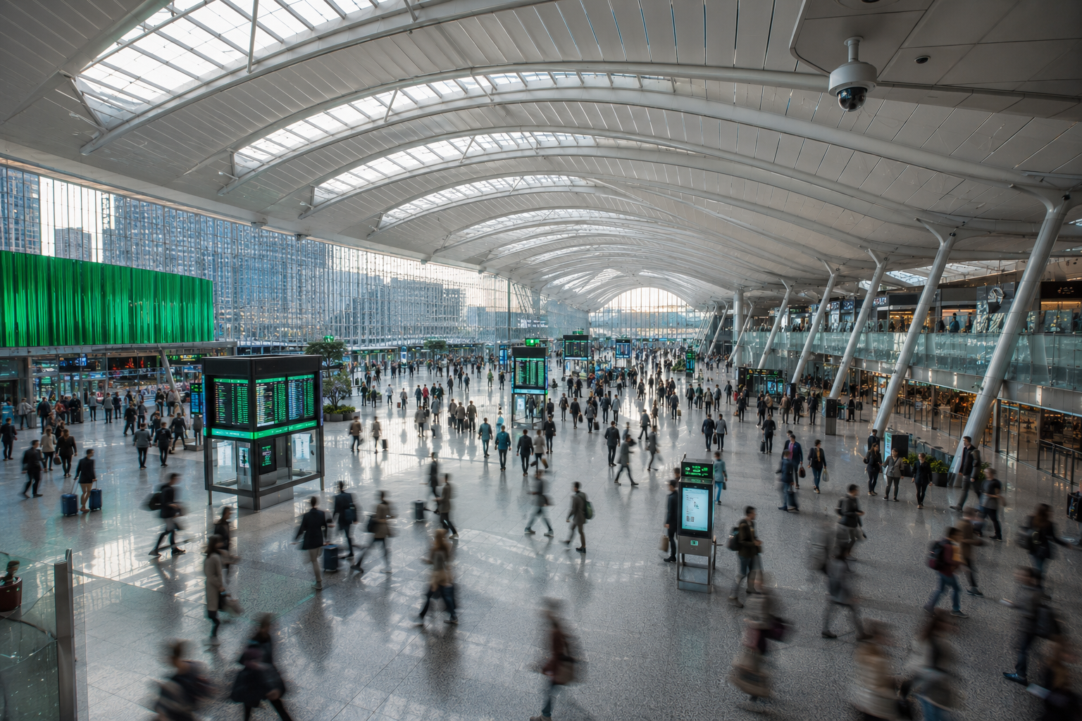 Large-scale public transport hub with crowds