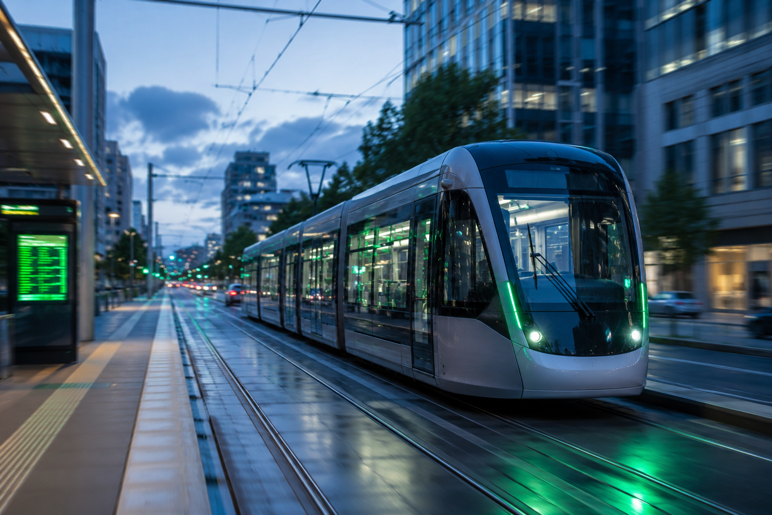 Modern light rail tram running through the city